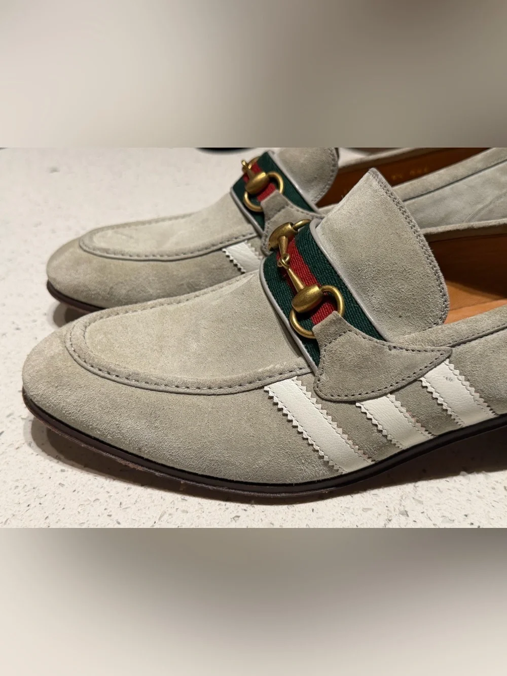 Gucci Men's Suede Horsebit Loafers in Light Gray with Green-Red Web